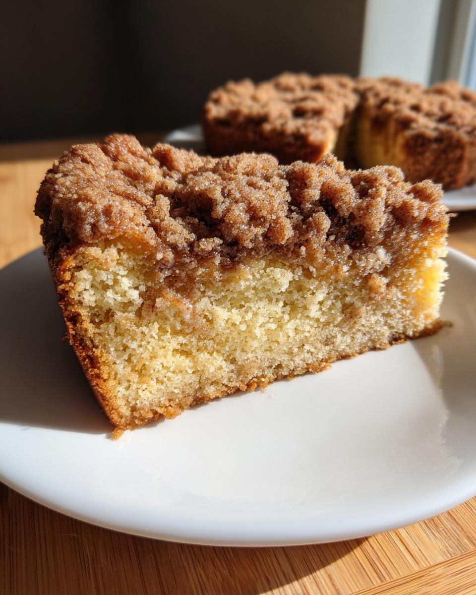 Close-up of a moist slice of sour cream coffee cake featuring a thick, crumbly cinnamon streusel topping.