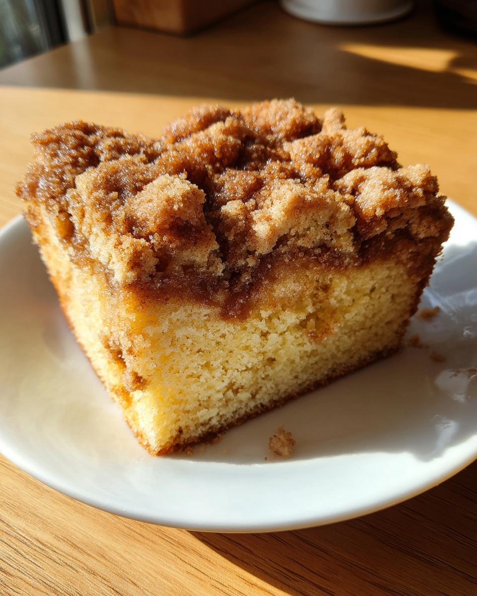 A close-up of a moist slice of sour cream coffee cake topped with thick cinnamon streusel, resting on a white plate.