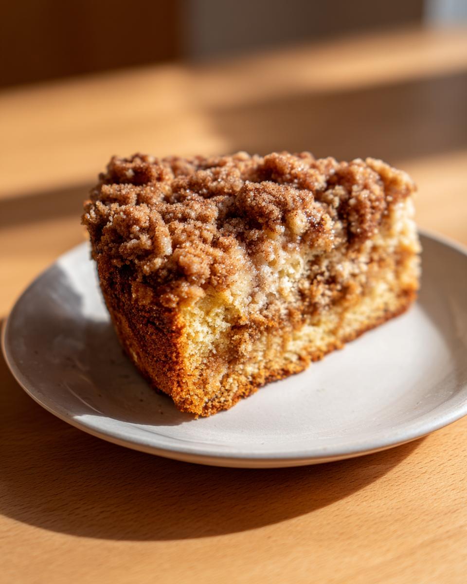 A close-up of a moist slice of sour cream coffee cake topped with thick cinnamon streusel, sitting on a small plate.