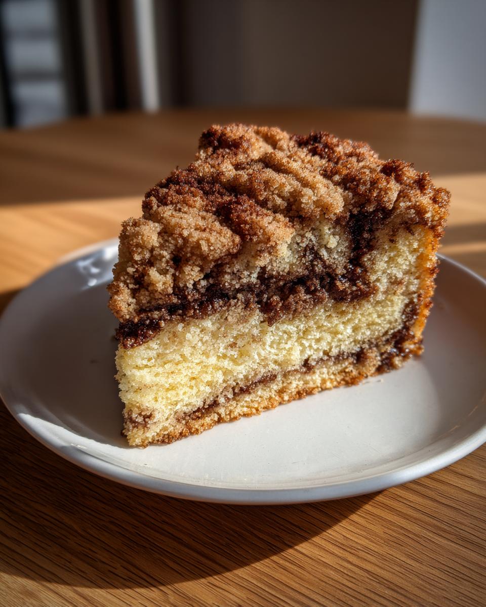 A close-up of a moist slice of sour cream coffee cake featuring a thick cinnamon streusel topping and swirl.