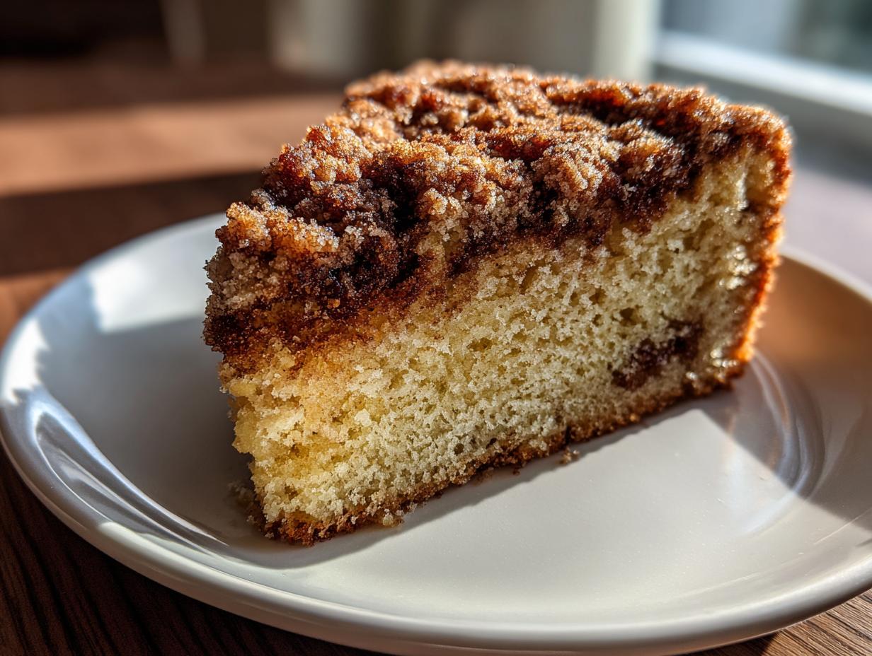 Close-up of a moist slice of sour cream coffee cake featuring a thick cinnamon streusel topping on a white plate.