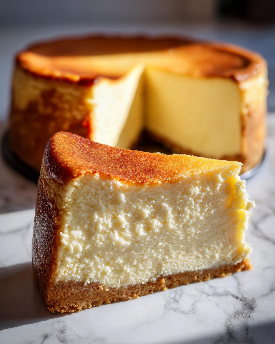 A thick slice of creamy new york cheesecake with a graham cracker crust and golden baked top, set against the whole cake.