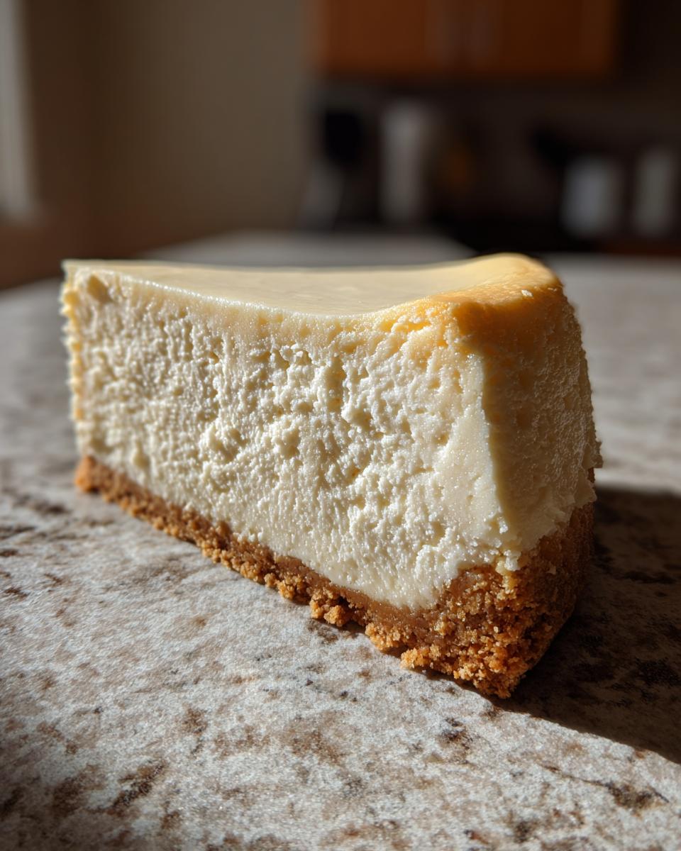 A thick, creamy slice of crack-free new york cheesecake resting on a speckled countertop.