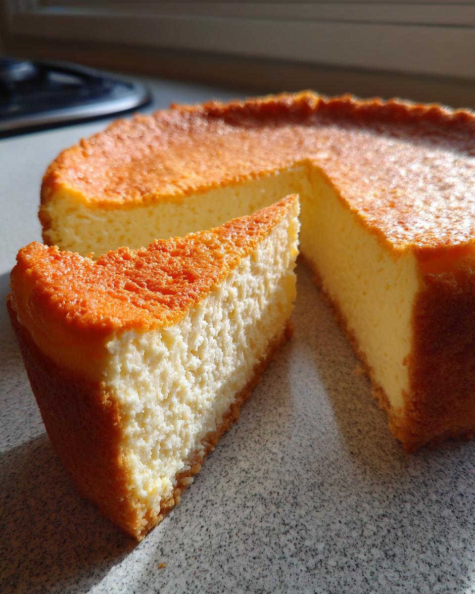 A slice of golden-brown new york cheesecake cut from the whole cake, showing a creamy interior.