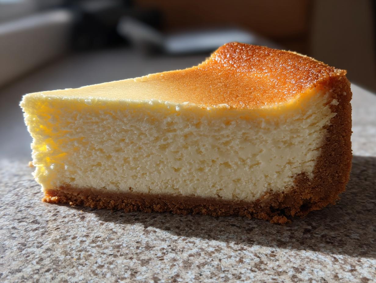 A thick, creamy slice of crack-free new york cheesecake showing a golden-brown top and graham cracker crust.