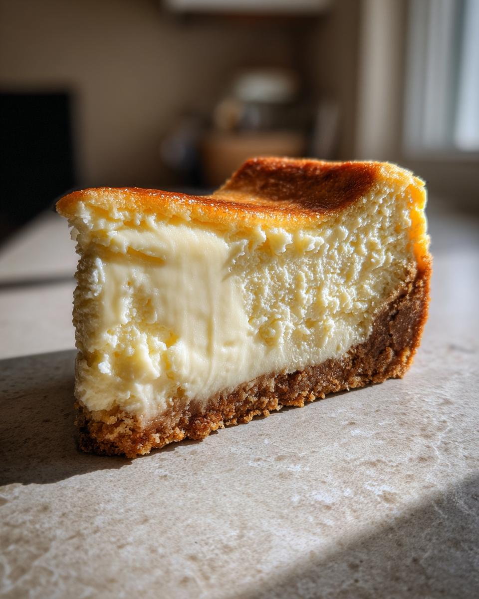 A close-up, sunlit slice of creamy new york cheesecake showing a thick graham cracker crust and golden top.