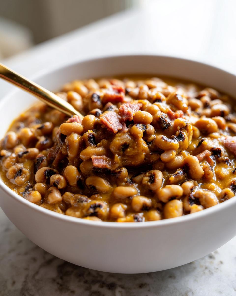 A close-up of a white bowl filled with creamy, savory black eyed peas mixed with chunks of ham, being scooped with a gold spoon.