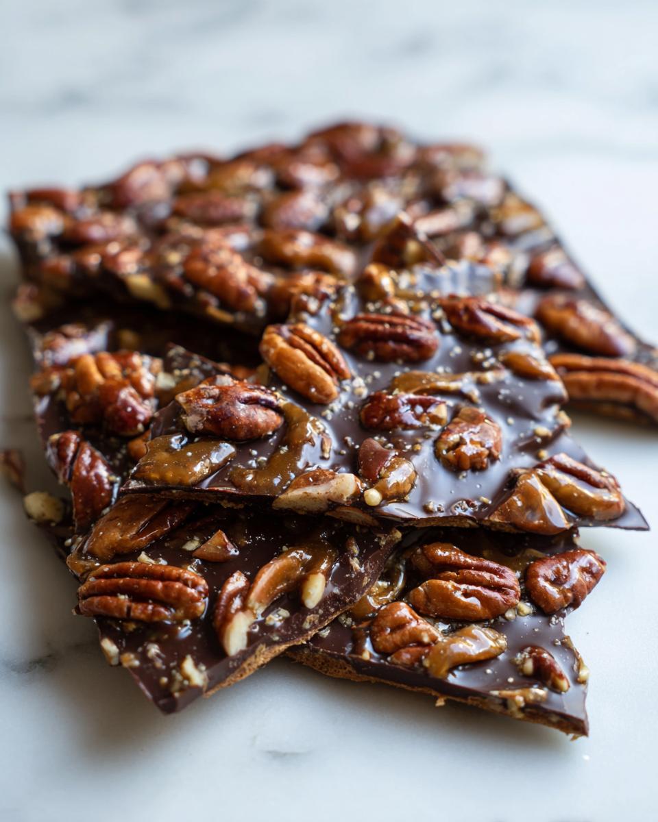 Close-up of broken pieces of rich, dark Pecan Pie Bark topped with whole pecans and gooey caramel.
