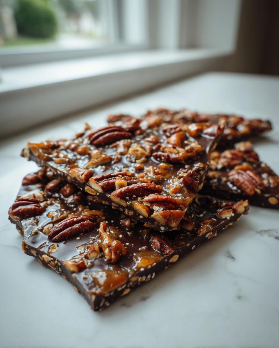 Close-up of stacked pieces of shiny Pecan Pie Bark topped with whole and chopped pecans, resting on a white marble surface.