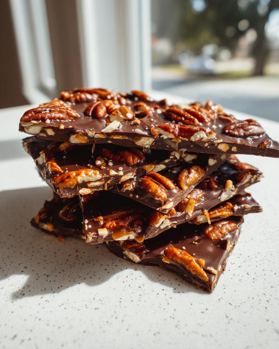 A stack of broken pieces of rich chocolate Pecan Pie Bark topped with whole pecans and flaky sea salt.