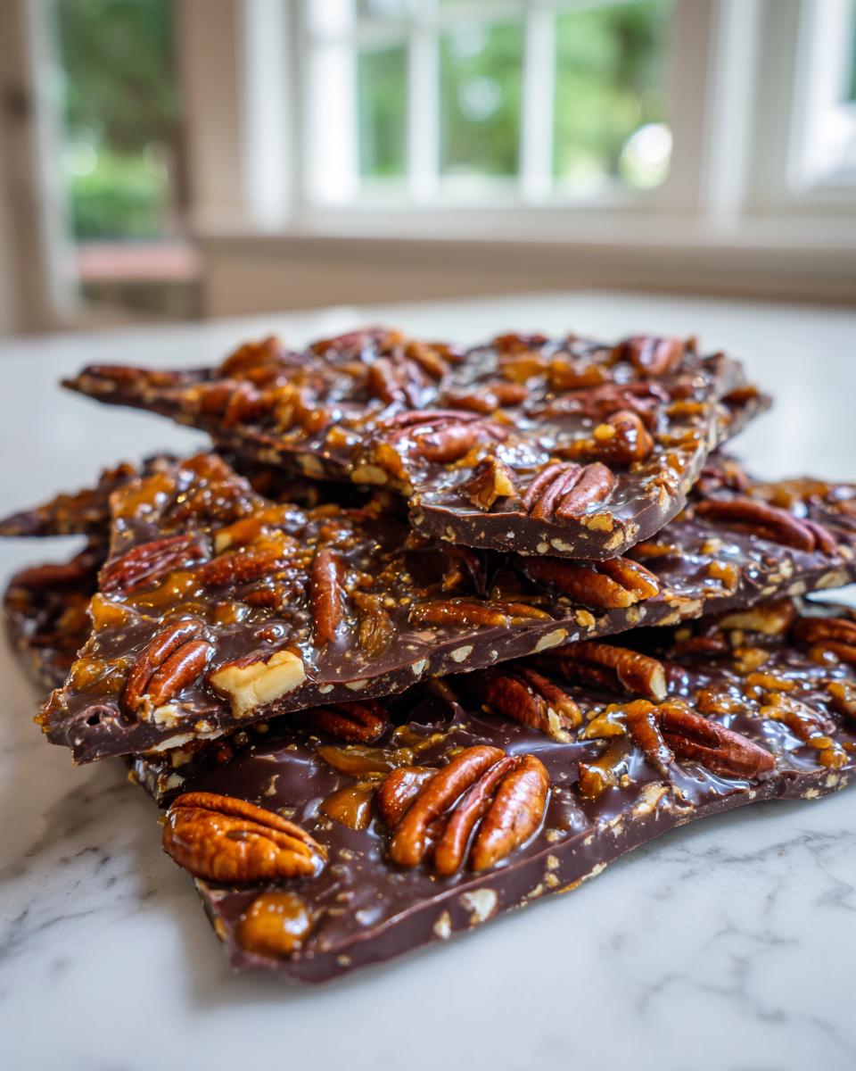 Close-up of stacked, broken pieces of rich chocolate Pecan Pie Bark topped generously with glazed pecans.
