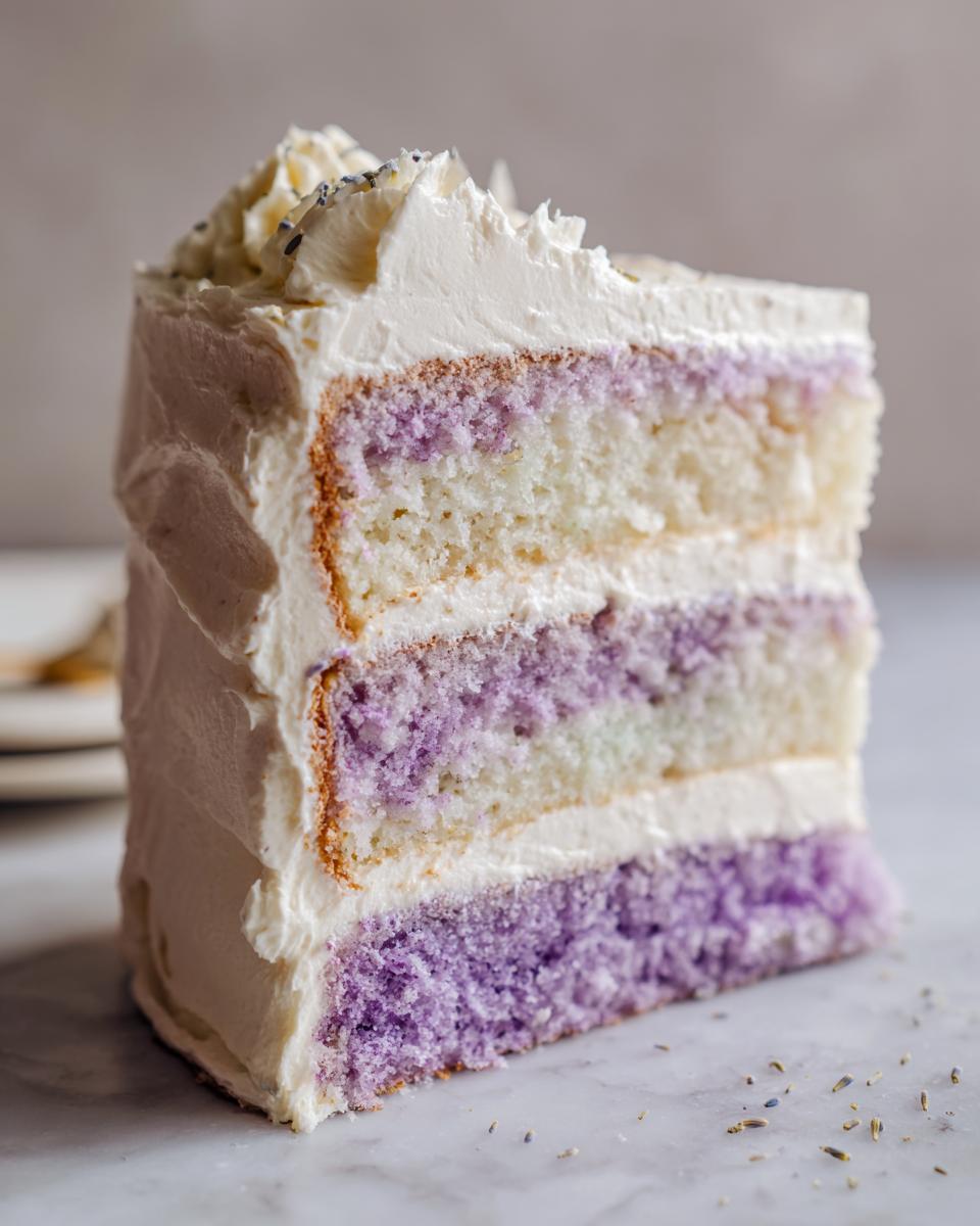 A tall slice of layered lavender cake showing alternating white and purple sponge layers with thick white frosting.