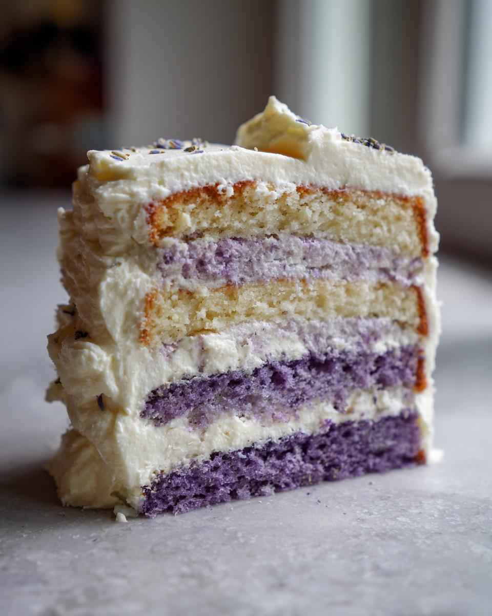 Close-up of a tall slice of lavender cake showing alternating layers of white and purple cake with thick white frosting.
