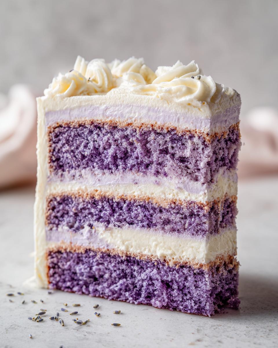 A tall, moist slice of three-layer lavender cake with white cream filling and frosting, garnished with dried lavender buds.