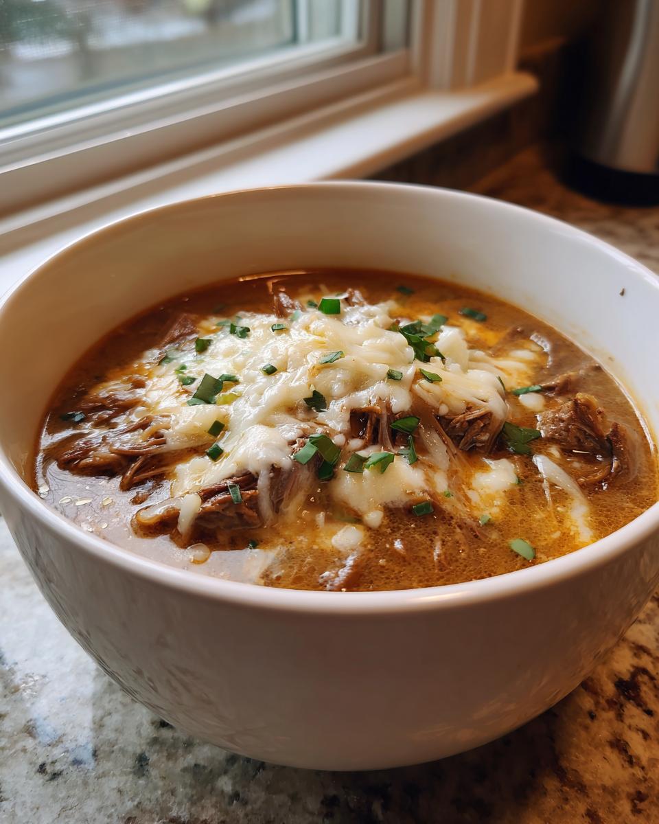Close-up of a white bowl filled with rich, savory philly cheese steak soup topped with melted white cheese and chopped green onions.