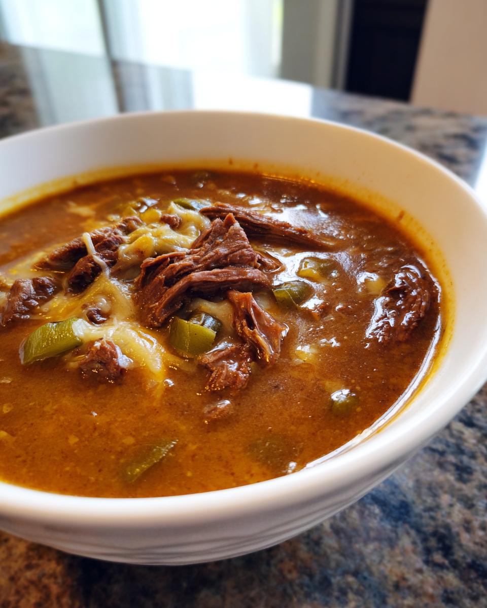 Close-up of a white bowl filled with rich, savory philly cheese steak soup topped with shredded beef, melted cheese, and green peppers.