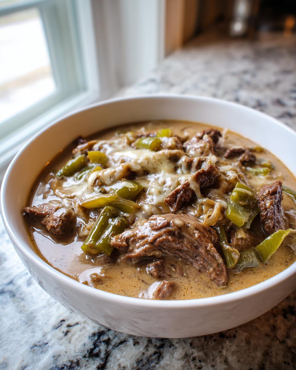 Close-up of a creamy bowl of philly cheese steak soup topped with melted white cheese, steak pieces, and green peppers.