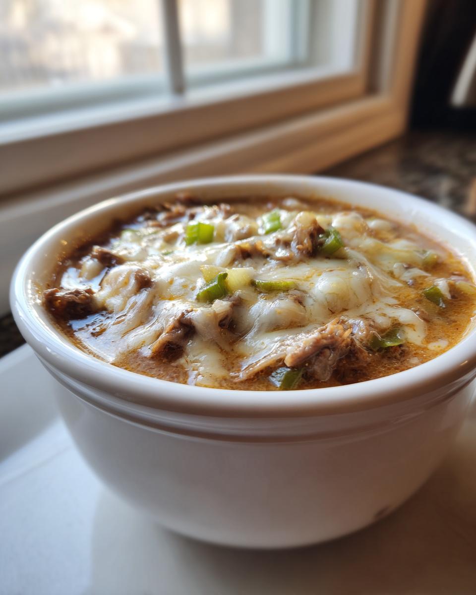 Close-up of a white bowl filled with rich philly cheese steak soup, topped generously with melted white cheese and green peppers.