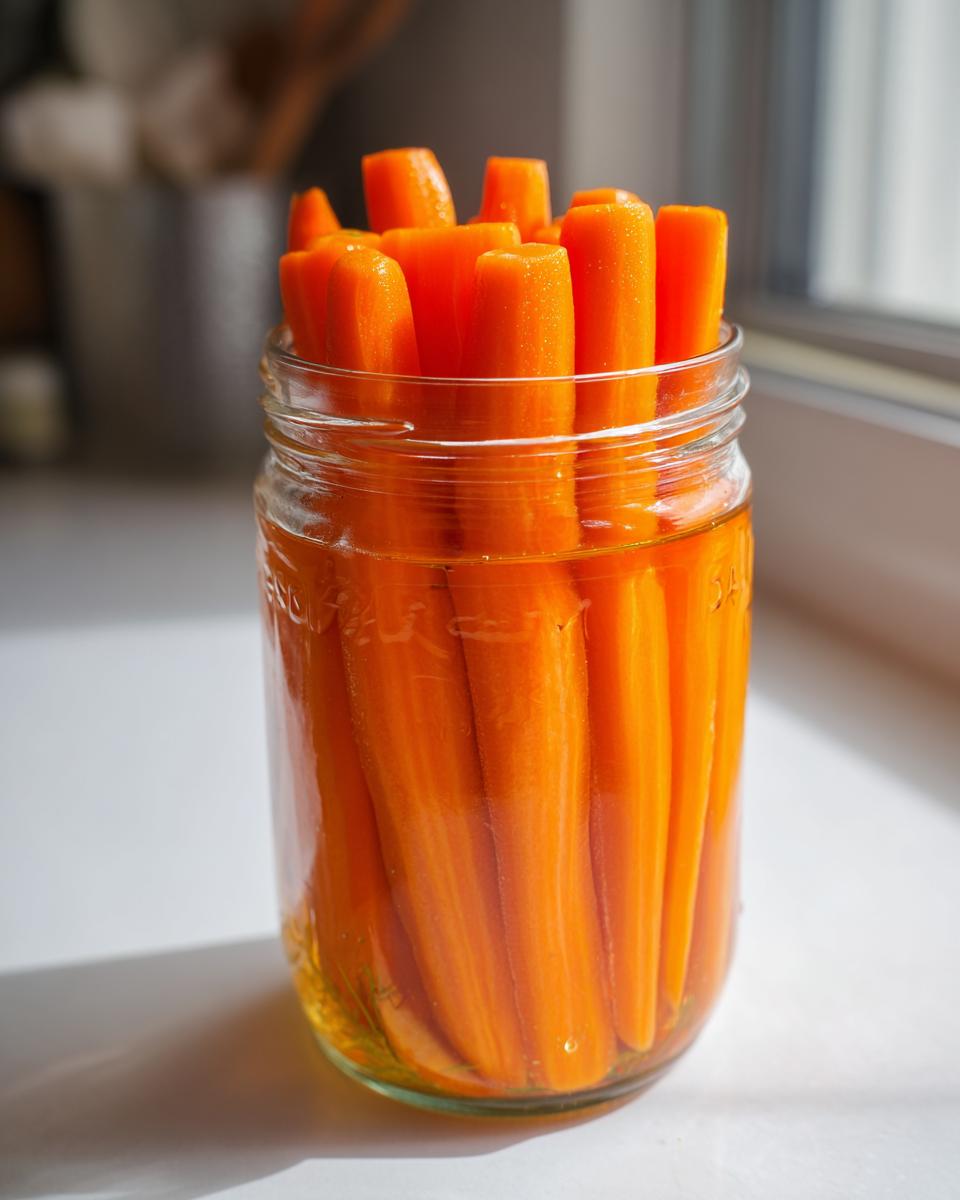 Whole peeled carrots standing upright in a clear glass jar filled with brine, ready to be made into pickled carrots.
