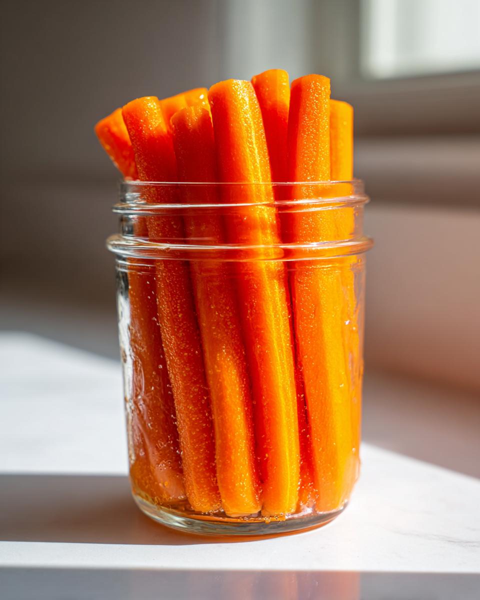Bright orange, stick-cut pickled carrots packed tightly inside a clear glass jar, glistening with brine.