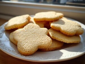 A close-up of several plain, light golden vegan sugar cookies stacked on a white, decorative plate near a window.