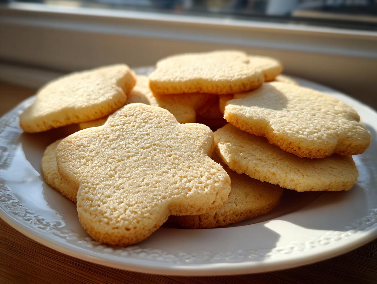 A close-up of several plain, light golden vegan sugar cookies stacked on a white, decorative plate near a window.