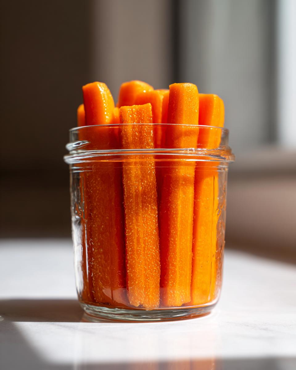 Close-up of bright orange pickled carrots sticks standing upright in a small glass jar.