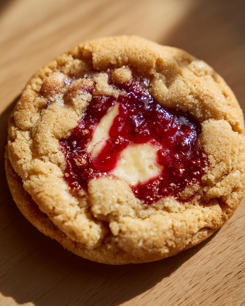 Close-up of a single, golden raspberry cheesecake cookie featuring a bright red raspberry jam center and a dollop of cream cheese filling.
