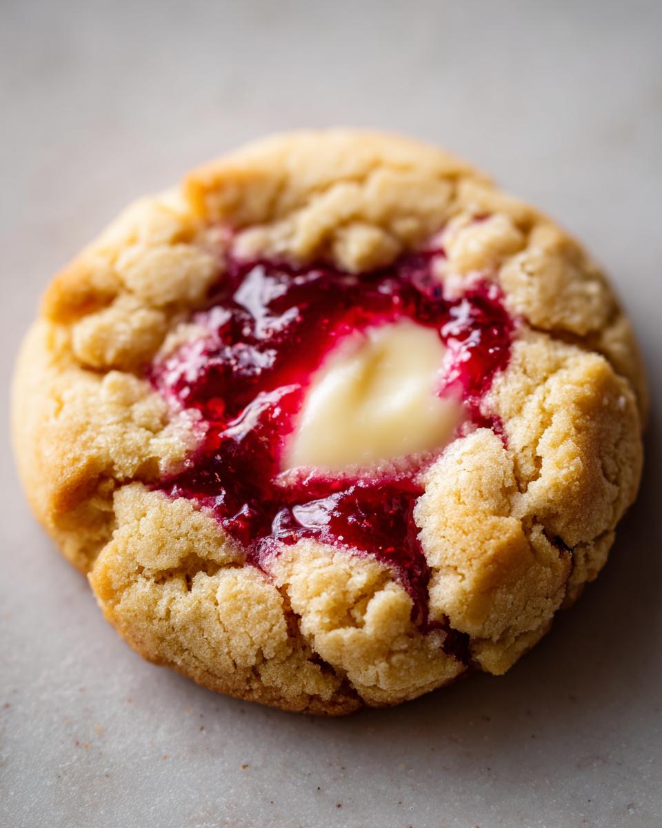 A single, perfectly baked raspberry cheesecake cookies thumbprint cookie with bright red raspberry jam and a dollop of creamy white filling.