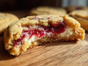 Close-up of a raspberry cheesecake cookies half, showing the gooey raspberry jam and creamy cheesecake center.