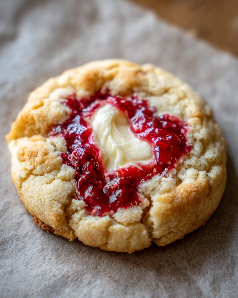 A single, golden-baked raspberry cheesecake cookie with a bright red raspberry jam center and a dollop of creamy white filling.