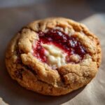 A delicious raspberry cheesecake cookies thumbprint cookie with a bright red raspberry filling and creamy white center.