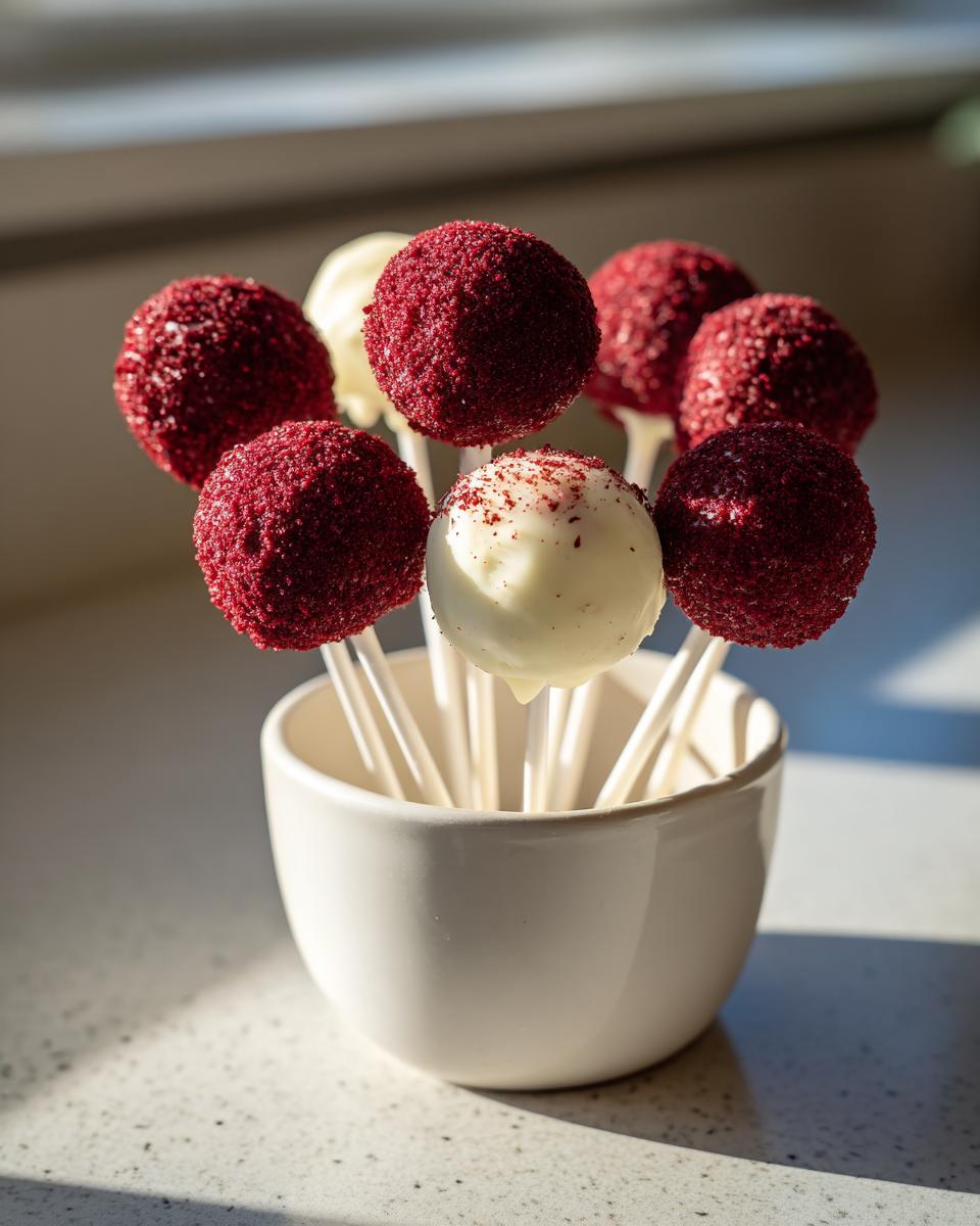A cluster of vibrant red velvet cake pops and white chocolate cake pops standing upright in a white mug.