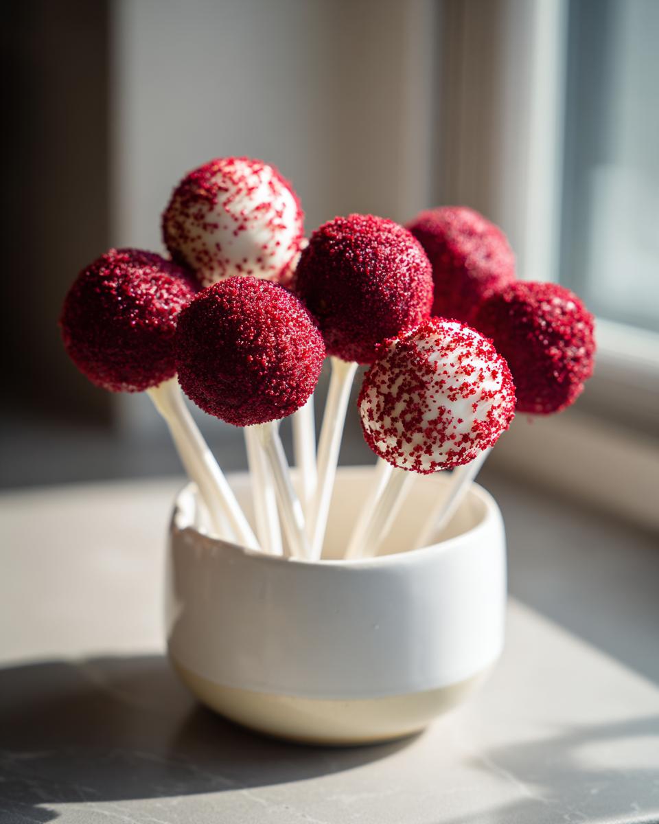 A cluster of vibrant red velvet cake pops, some fully coated in red sprinkles and others dipped in white chocolate with red speckles, displayed in a small white mug.