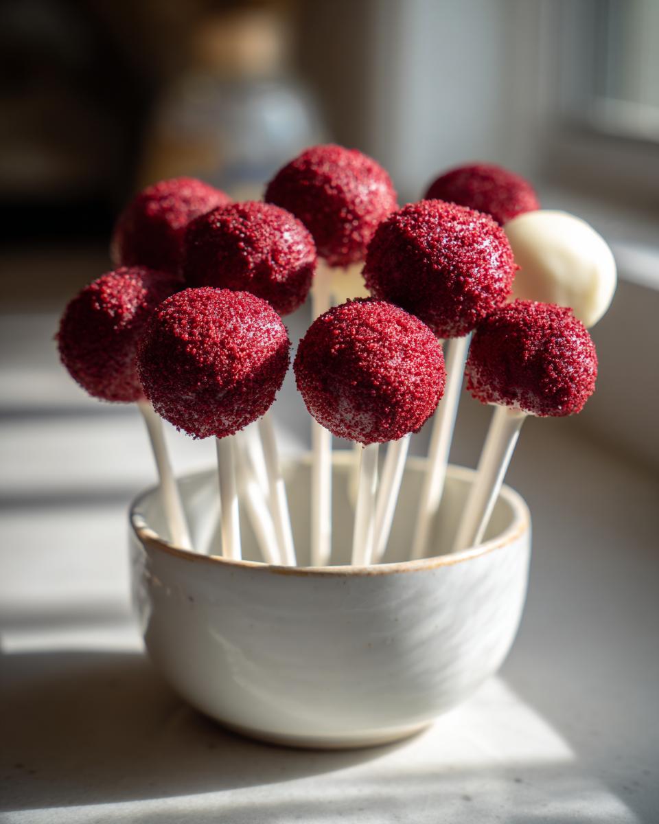 A close-up of several vibrant red velvet cake pops coated in red sprinkles, standing upright in a white ceramic bowl.