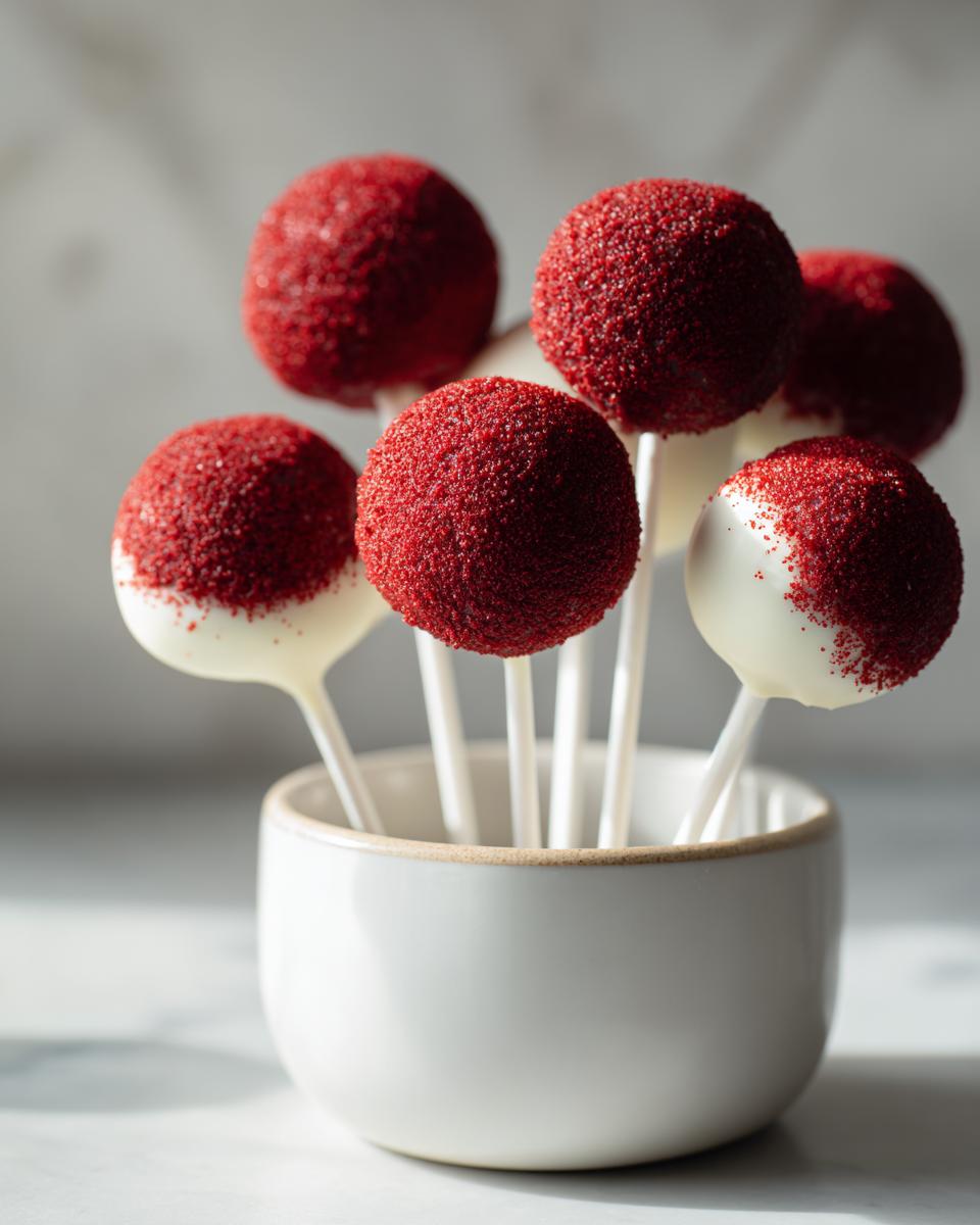 A cluster of red velvet cake pops dipped in white chocolate and covered in red sprinkles, standing in a small white bowl.