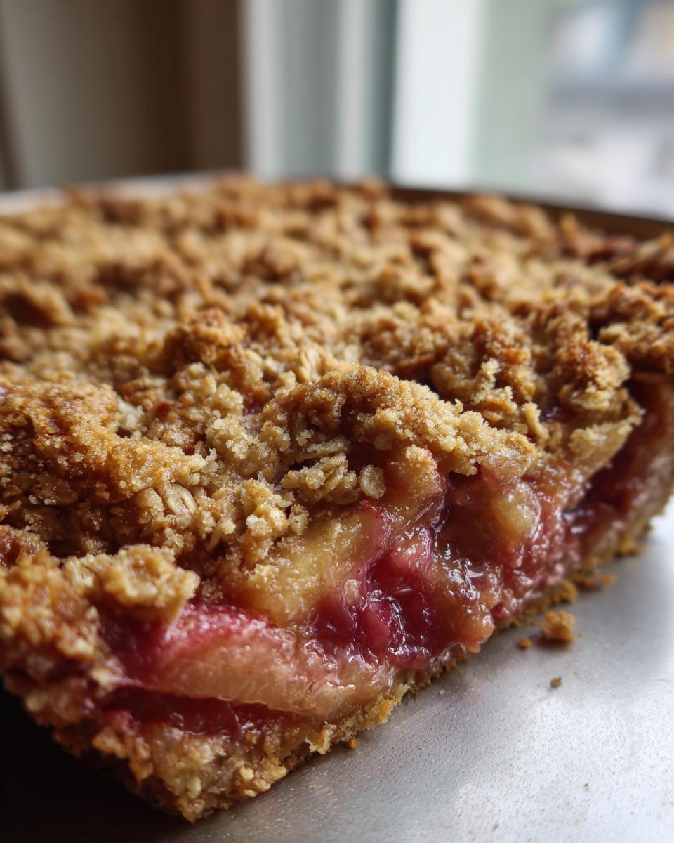 A close-up, side view of a slice of warm rhubarb crisp showing the gooey, pink rhubarb filling beneath a thick, golden oat crumble topping.