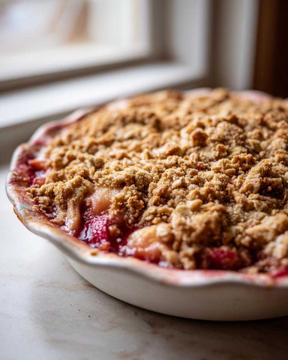 Close-up of a freshly baked rhubarb crisp with a thick, golden-brown, crumbly topping in a white baking dish.