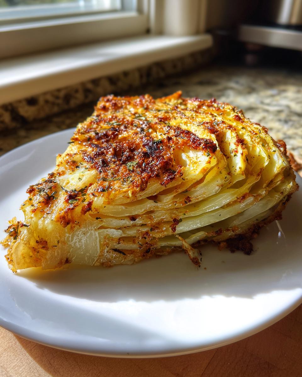 A thick slice of roasted cabbage recipe, showing layered leaves with a golden-brown, seasoned crust.