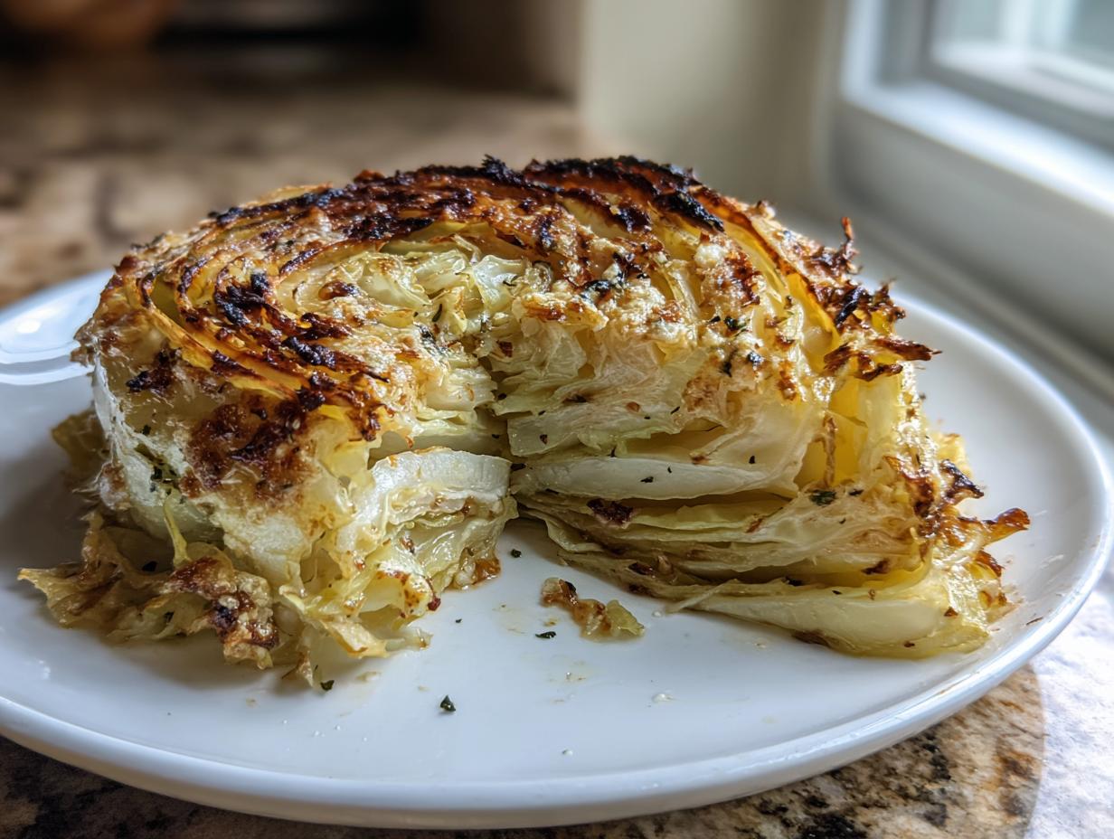 A thick wedge of roasted cabbage, showing caramelized, crispy edges and tender interior layers, served on a white plate.