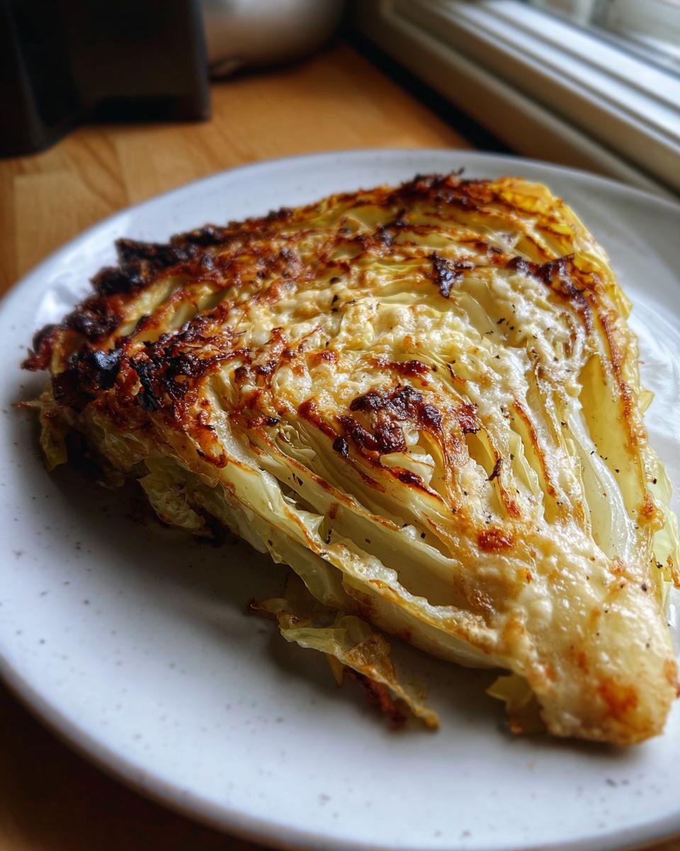 A thick wedge of roasted cabbage recipe, showing caramelized edges and a cheesy topping.