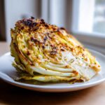 A perfectly roasted wedge of cabbage recipe, seasoned and slightly charred on top, served on a white plate.