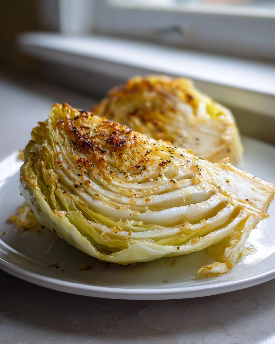 Two wedges of roasted cabbage recipe served on a white plate, showing caramelized edges and herbs.