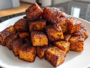 A pile of perfectly seasoned and caramelized roasted sweet potatoes cubes served on a white plate.