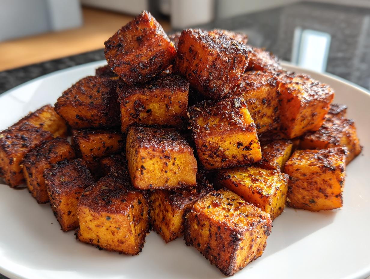 A pile of perfectly seasoned and caramelized roasted sweet potatoes cubes served on a white plate.