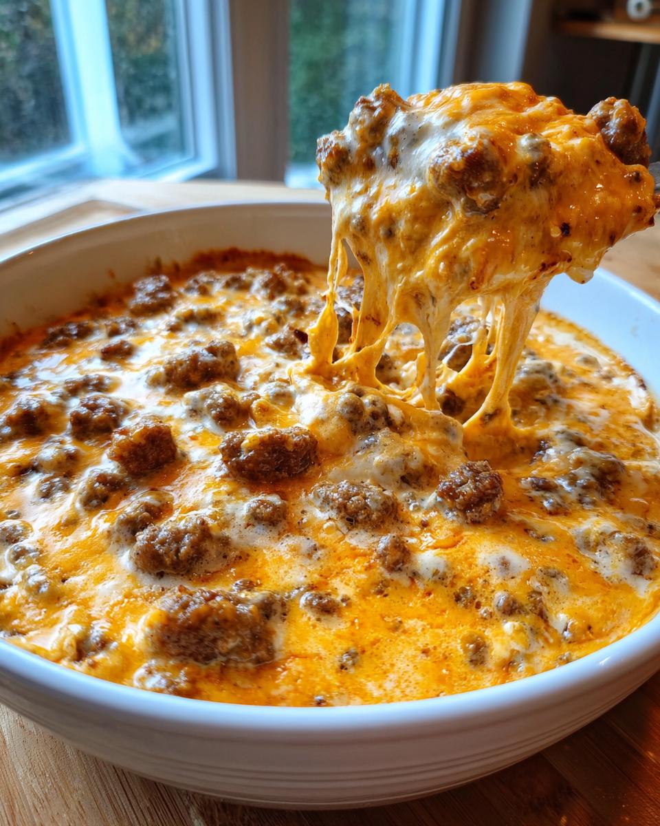 A spoonful of hot, gooey sausage cream cheese dip showing extreme cheese pull over the main dish.