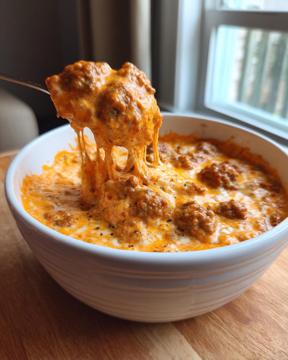 A spoonful of hot, cheesy sausage cream cheese dip showing long cheese pulls over a white bowl.