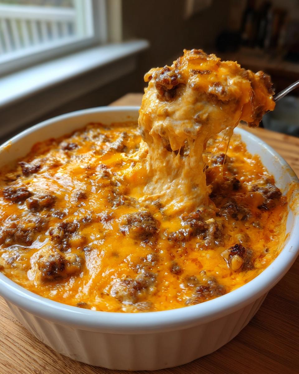 A spoonful of hot, cheesy sausage cream cheese dip showing long cheese pulls from a white baking dish.