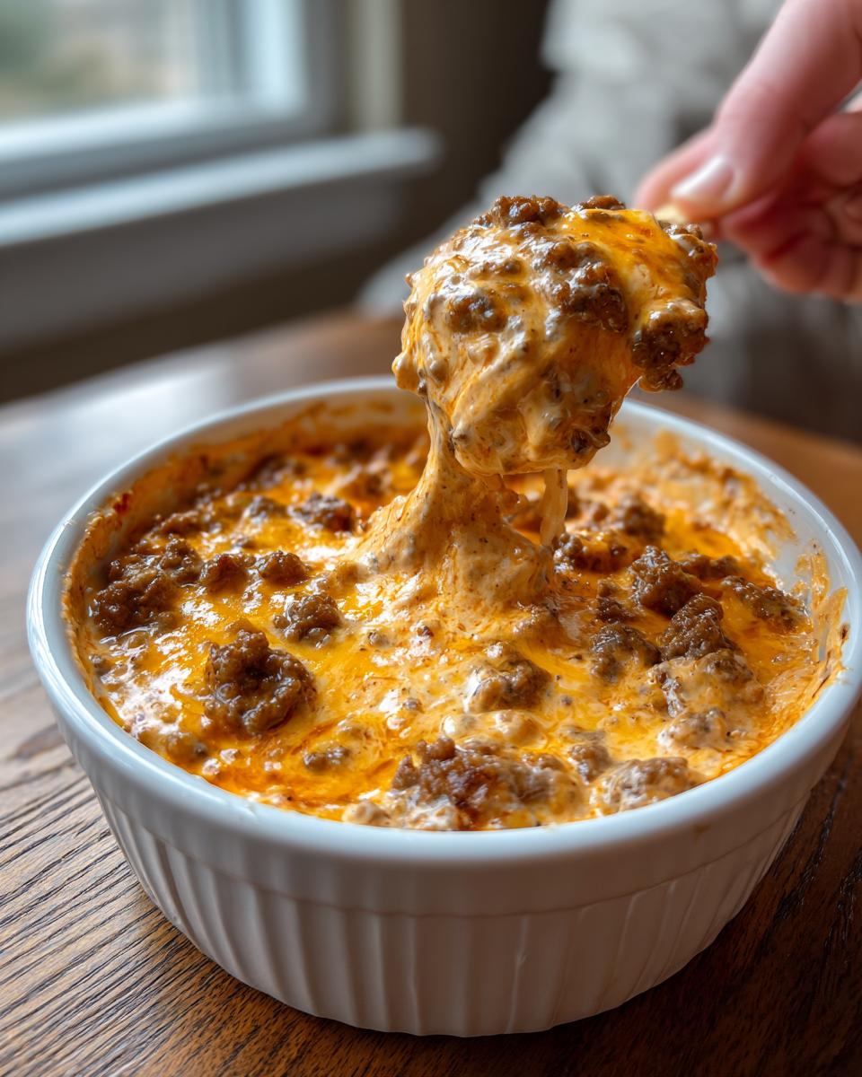 A hand scoops a chip loaded with hot, cheesy sausage cream cheese dip from a white ramekin.
