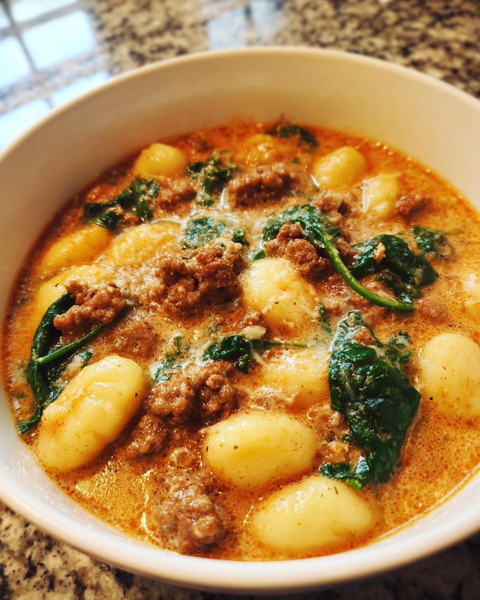 Close-up of a hearty bowl of sausage gnocchi soup with wilted spinach in a creamy, orange broth.